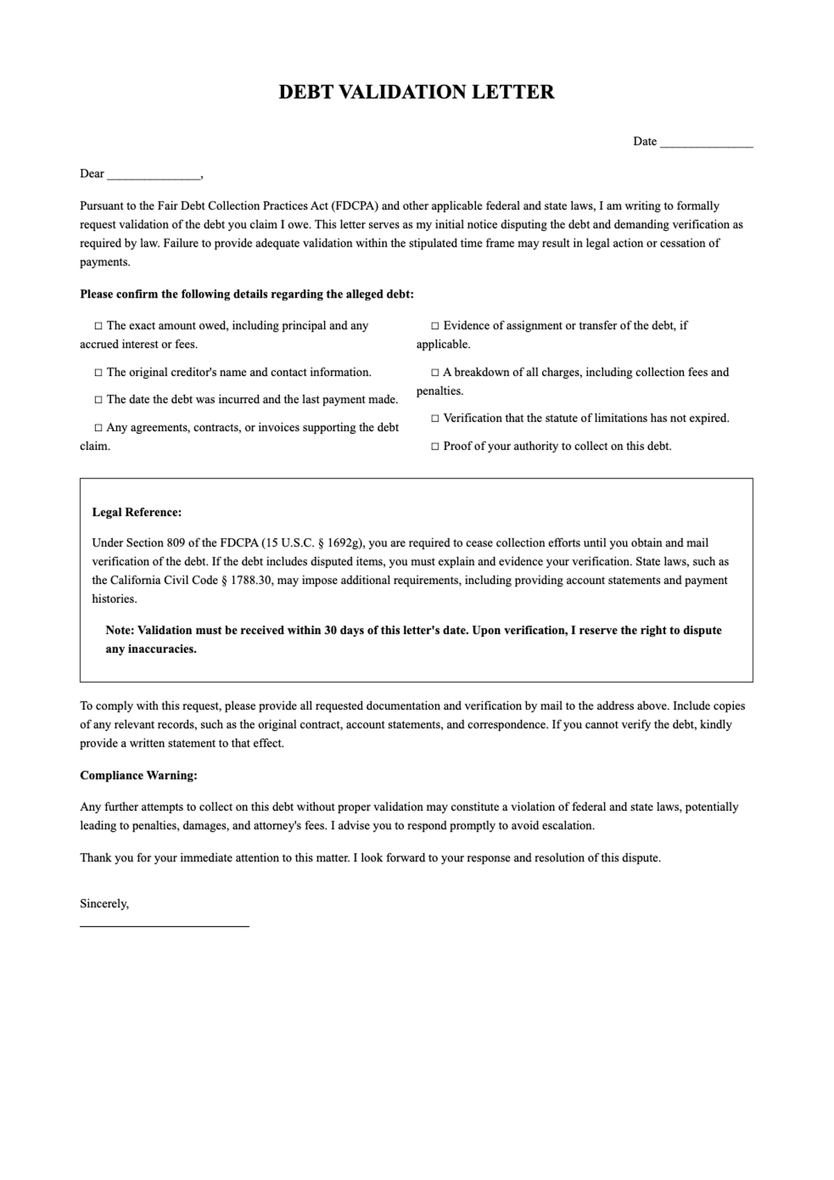 Debt Validation Letter template with instructions and legal notice_variant_2